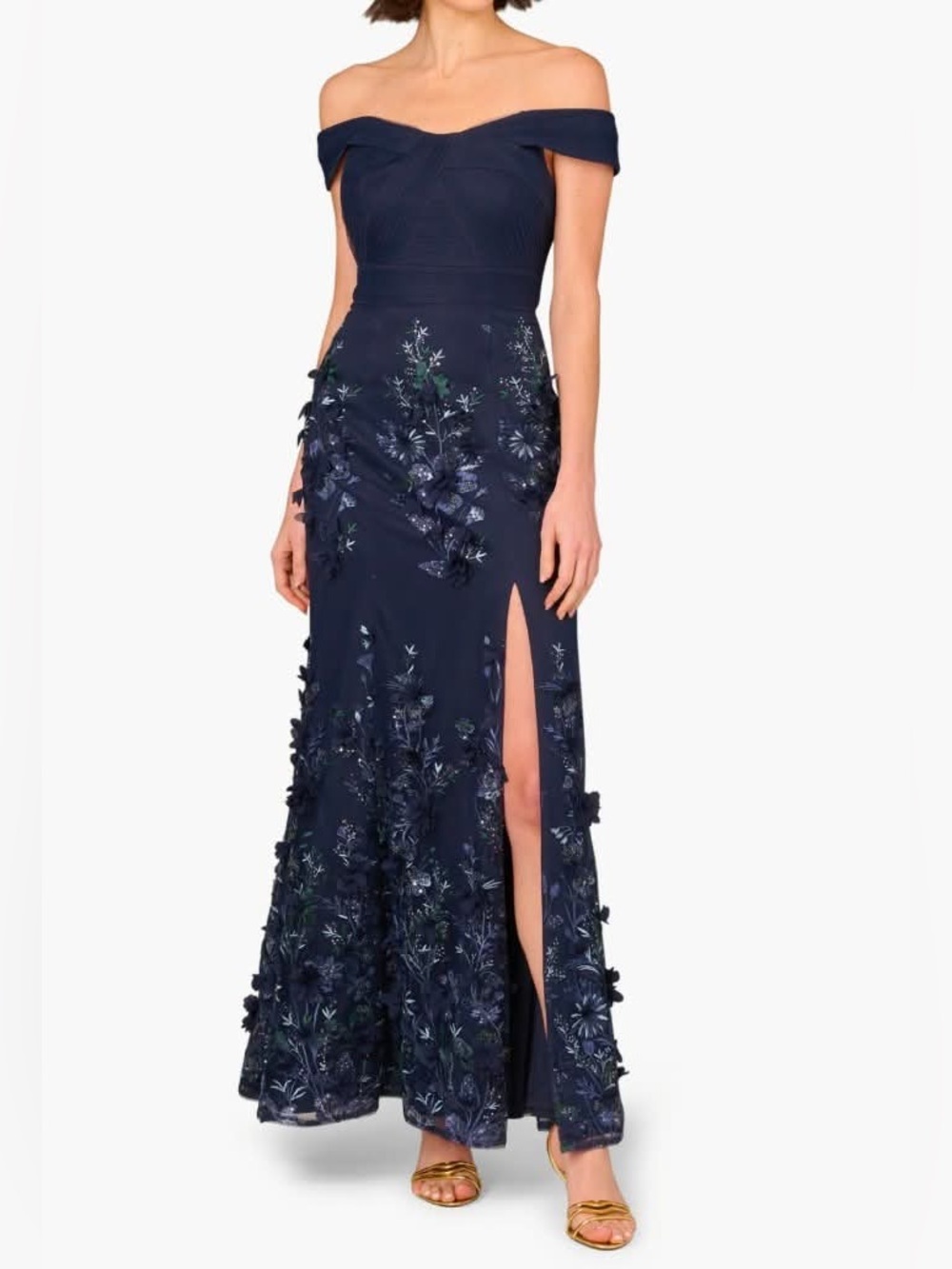 NWT Aidan Mattox Sequin Embellished Off the Shoulder Mermaid Gown Navy Sz 8 $595